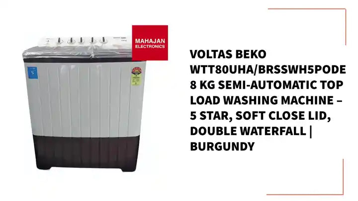 Voltas Beko WTT80UHA/BRSSWH5PODE 8 Kg Semi-Automatic Top Load Washing Machine – 5 Star, Soft Close Lid, Double Waterfall | Burgundy by@Outfy