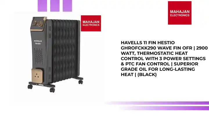 Havells 11 Fin Hestio GHROFCKK290 Wave Fin OFR | 2900 Watt, Thermostatic heat control with 3 power settings & PTC fan control | Superior grade oil for long-lasting heat | (Black) by@Outfy