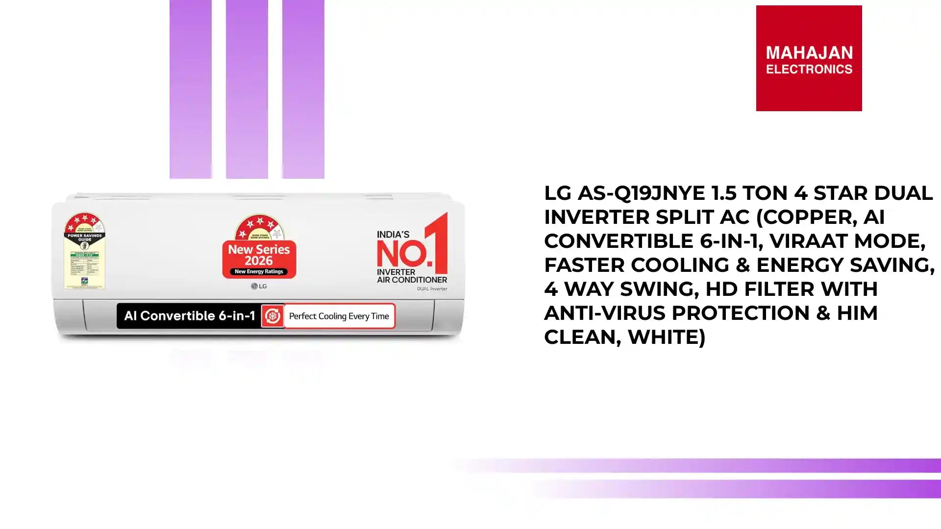 LG AS-Q19JNYE 1.5 Ton 4 Star DUAL Inverter Split AC (Copper, AI Convertible 6-in-1, VIRAAT Mode, Faster Cooling & Energy Saving, 4 Way Swing, HD Filter with Anti-Virus Protection & Him Clean, White) by@Outfy