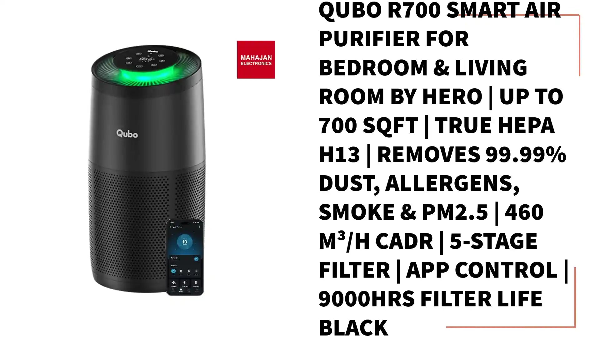 Qubo R700 Smart Air Purifier for bedroom & living room by Hero | Up to 700 SqFt | True HEPA H13 | Removes 99.99% Dust, Allergens, Smoke & PM2.5 | 460 m³/h CADR | 5-Stage Filter | App Control | 9000Hrs Filter Life Black by@Outfy