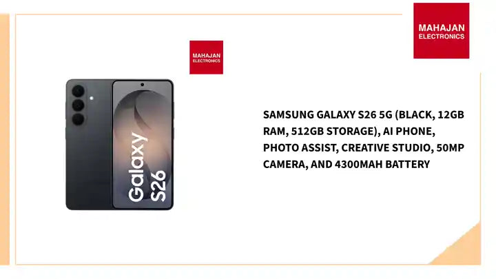 Samsung Galaxy S26 5G (Black, 12GB RAM, 512GB Storage), AI Phone, Photo Assist, Creative Studio, 50MP Camera, and 4300mAh Battery by@Outfy
