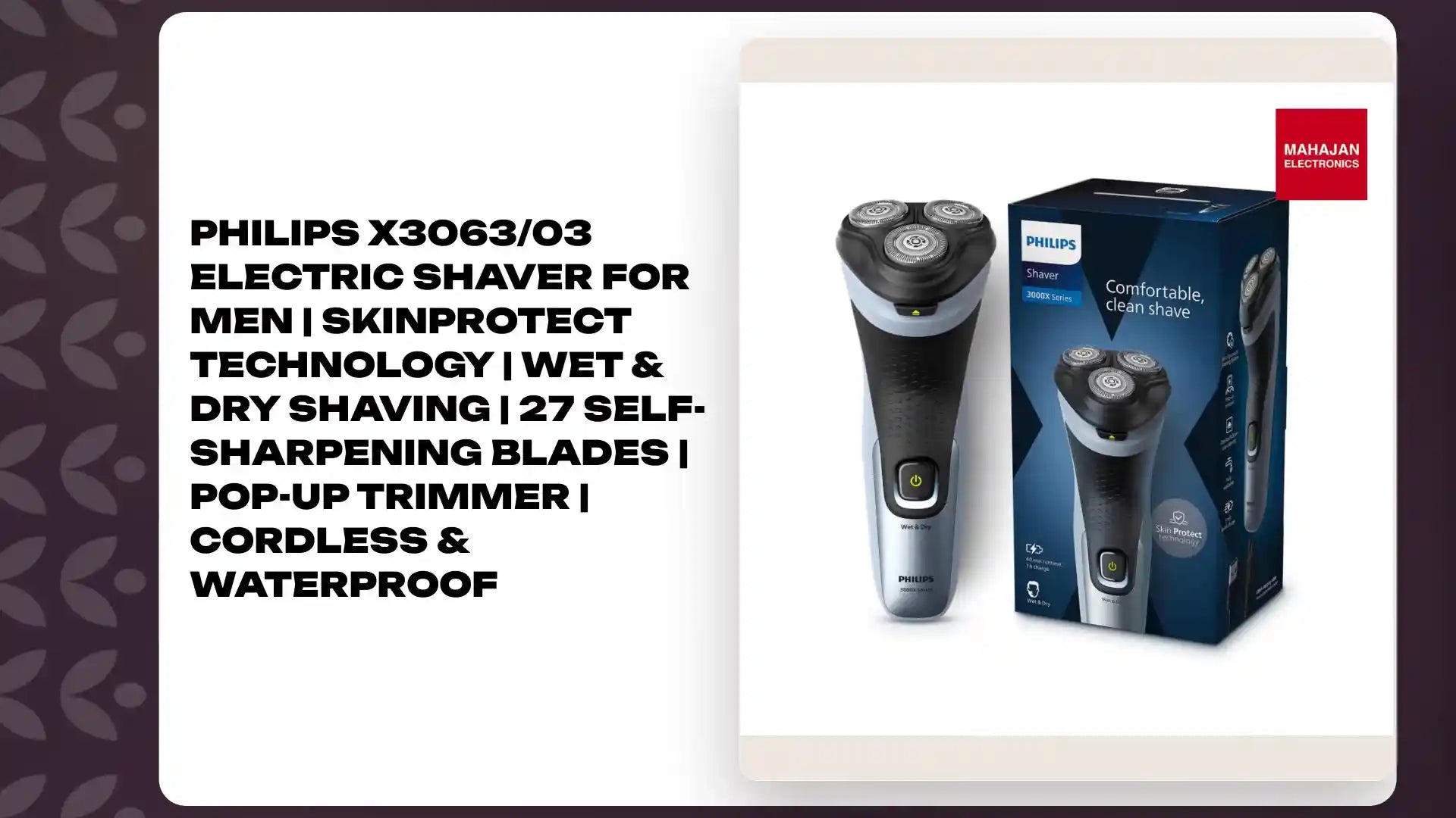 Philips X3063/03 Electric Shaver for Men | SkinProtect Technology | Wet & Dry Shaving | 27 Self-Sharpening Blades | Pop-Up Trimmer | Cordless & Waterproof by@Outfy