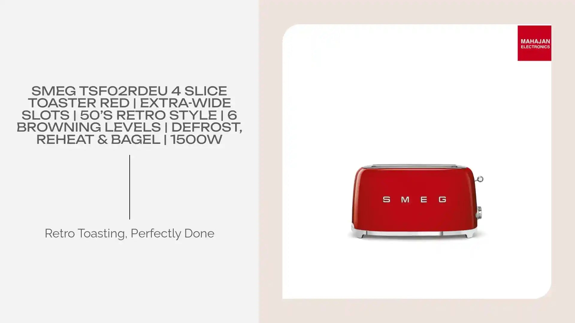SMEG TSF02RDEU 4 Slice Toaster Red | Extra-Wide Slots | 50’s Retro Style | 6 Browning Levels | Defrost, Reheat & Bagel | 1500W by@Outfy