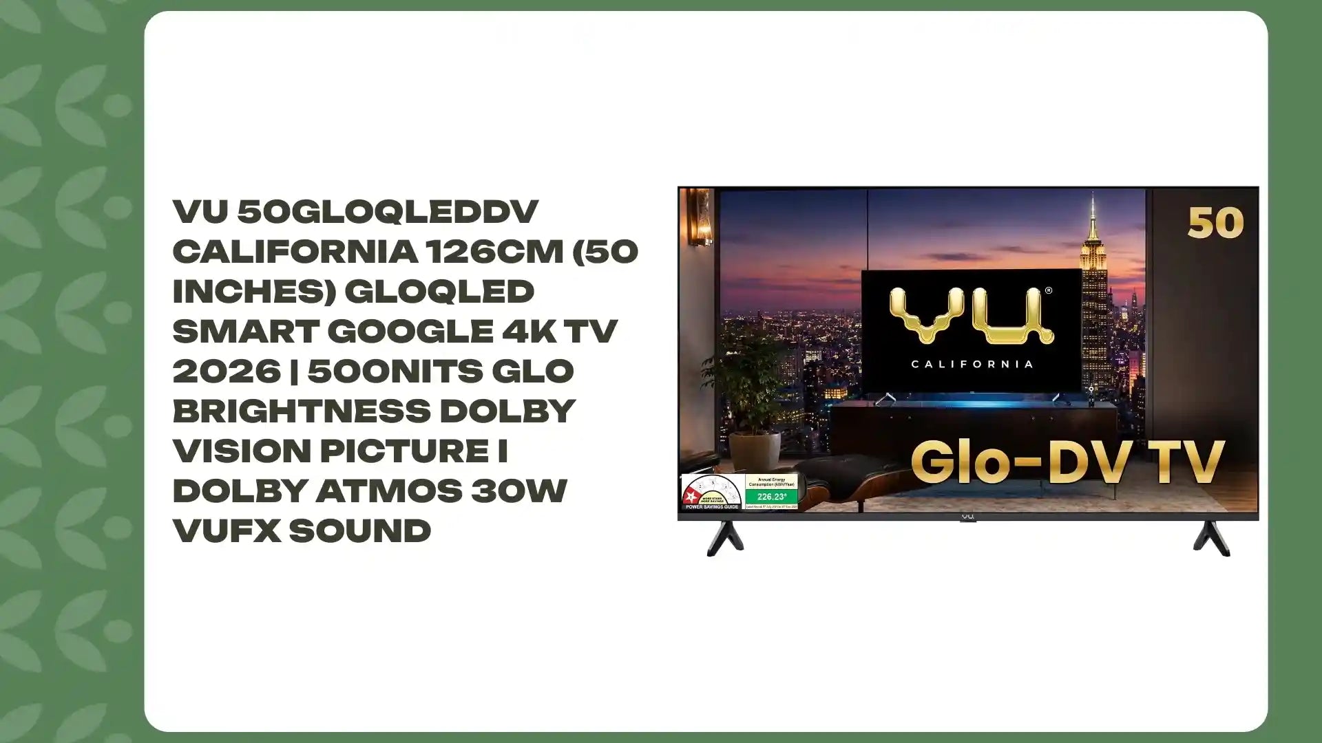 Vu 50GLOQLEDDV California 126cm (50 inches) GloQLED Smart Google 4K TV 2026 | 500Nits Glo Brightness Dolby Vision Picture I Dolby Atmos 30W VuFX Sound by@Outfy