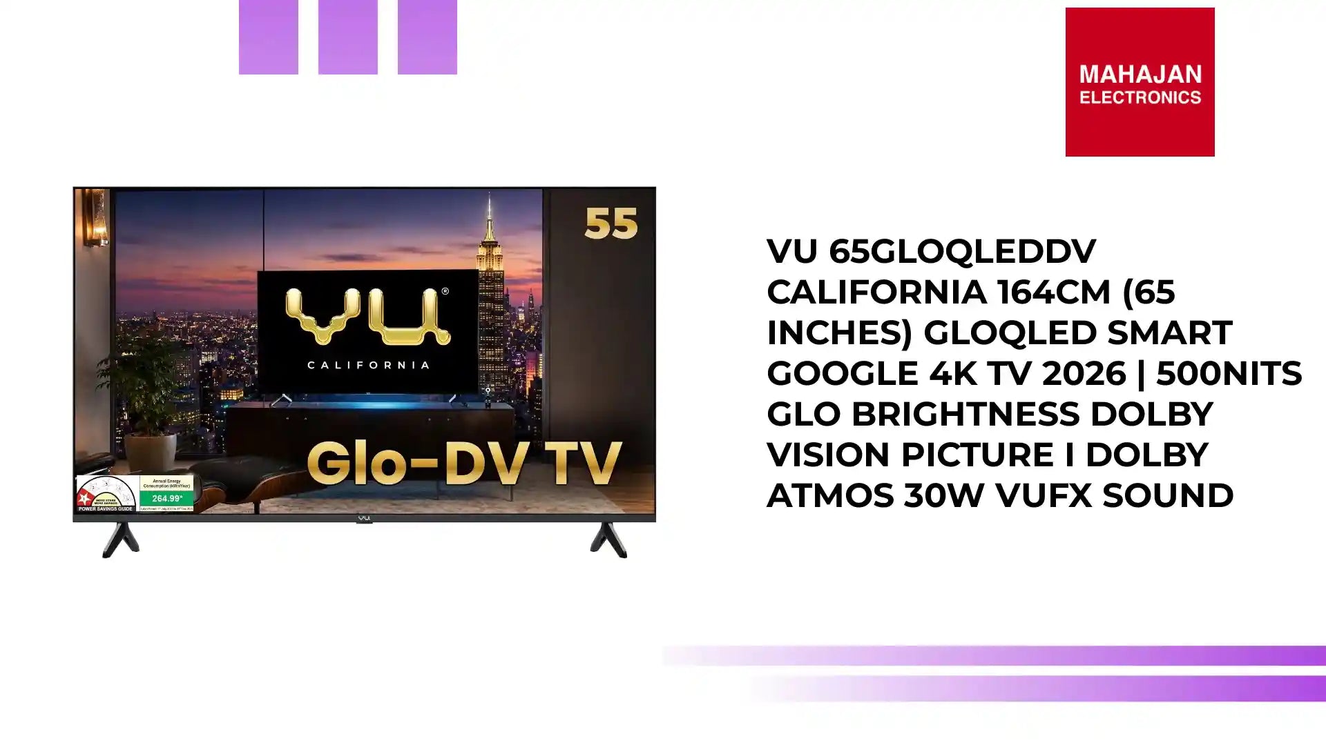 Vu 65GLOQLEDDV California 164cm (65 inches) GloQLED Smart Google 4K TV 2026 | 500Nits Glo Brightness Dolby Vision Picture I Dolby Atmos 30W VuFX Sound by@Outfy