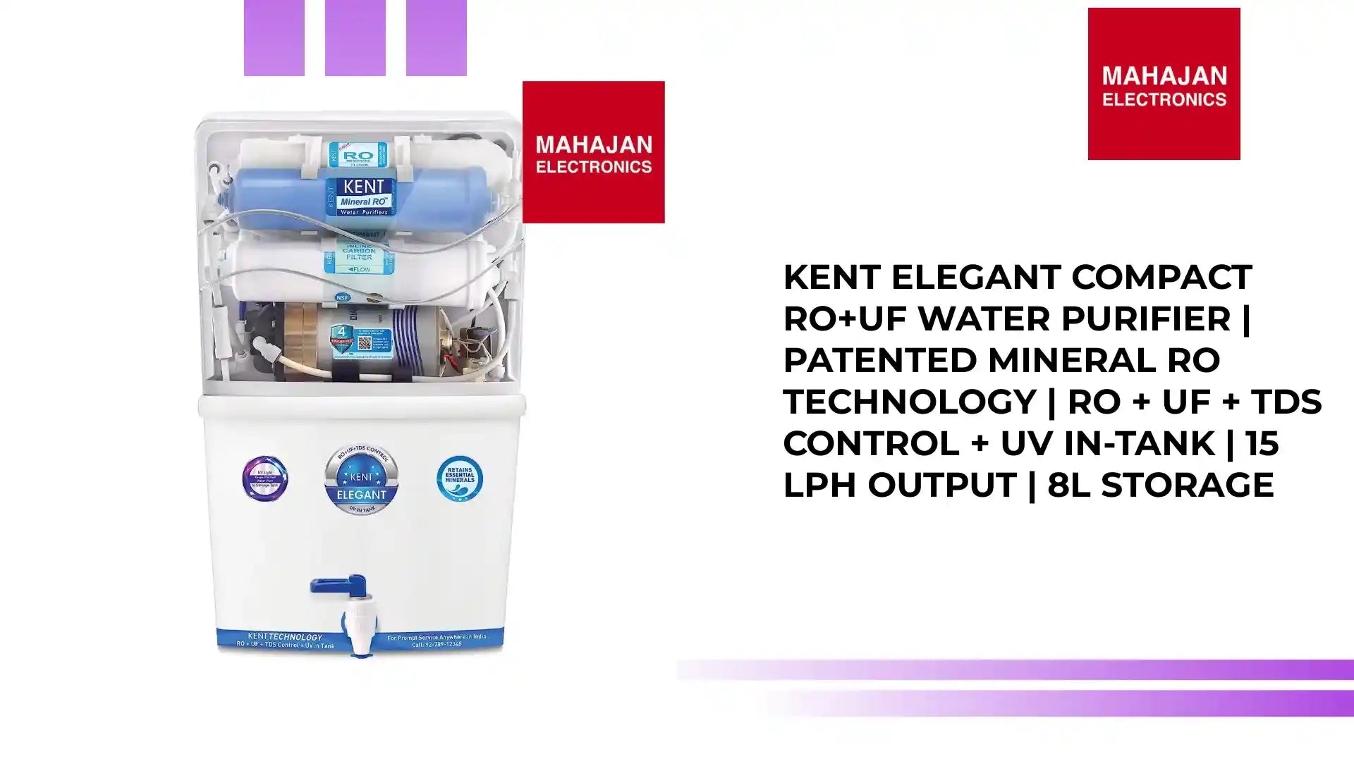 KENT Elegant Compact RO+UF Water Purifier | Patented Mineral RO Technology | RO + UF + TDS Control + UV In-tank | 15 LPH Output | 8L Storage by@Outfy