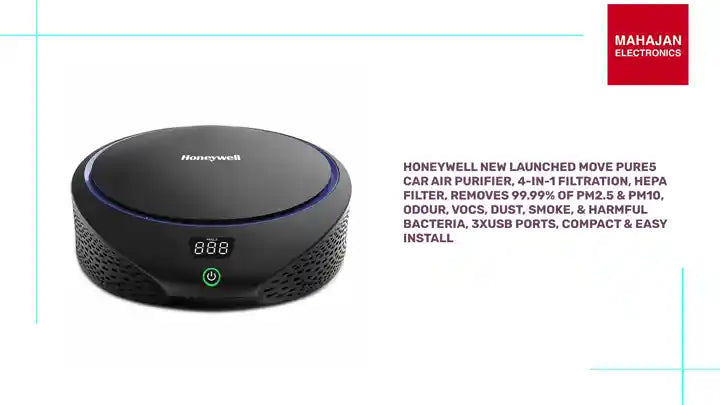 Honeywell New Launched Move Pure5 Car Air Purifier, 4-in-1 Filtration, HEPA filter, removes 99.99% of PM2.5 & PM10, odour, VOCs, dust, smoke, & harmful bacteria, 3XUSB ports, Compact & Easy Install by@Outfy