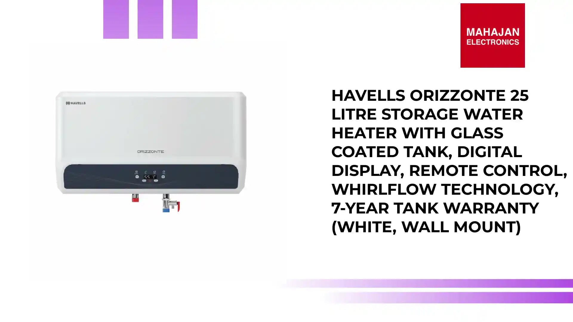 Havells Orizzonte 25 Litre Storage Water Heater with Glass Coated Tank, Digital Display, Remote Control, Whirlflow Technology, 7-Year Tank Warranty (White, Wall Mount) by@Outfy