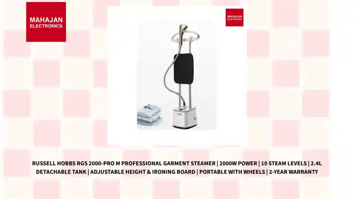 Russell Hobbs RGS 2000-Pro M Professional Garment Steamer | 2000W Power | 10 Steam Levels | 2.4L Detachable Tank | Adjustable Height & Ironing Board | Portable with Wheels | 2-Year Warranty by@Outfy