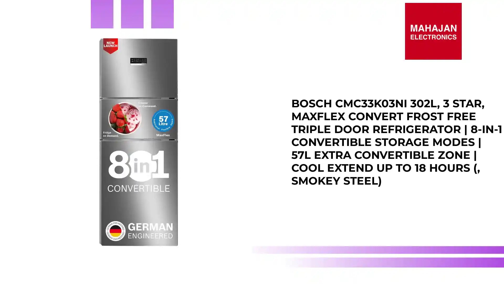 Bosch CMC33K03NI 302L, 3 Star, MaxFlex Convert Frost Free Triple Door Refrigerator | 8-in-1 Convertible Storage Modes | 57L Extra Convertible Zone | Cool Extend up to 18 hours (, Smokey Steel) by@Outfy