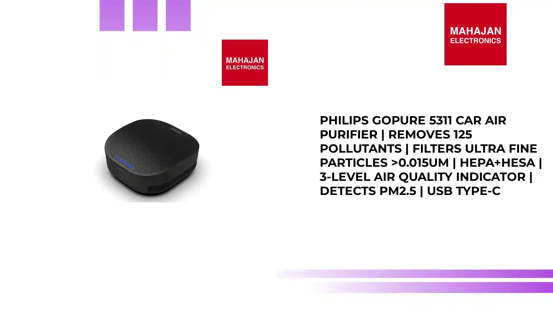 Philips GoPure 5311 Car Air Purifier | Removes 125 pollutants | Filters ultra fine particles >0.015um | Hepa+Hesa | 3-level air quality indicator | detects PM2.5 | USB Type-C by@Outfy