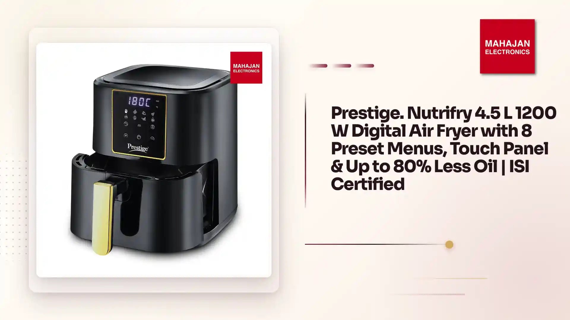 Prestige. Nutrifry 4.5 L 1200 W Digital Air Fryer with 8 Preset Menus, Touch Panel & Up to 80% Less Oil | ISI Certified by@Outfy