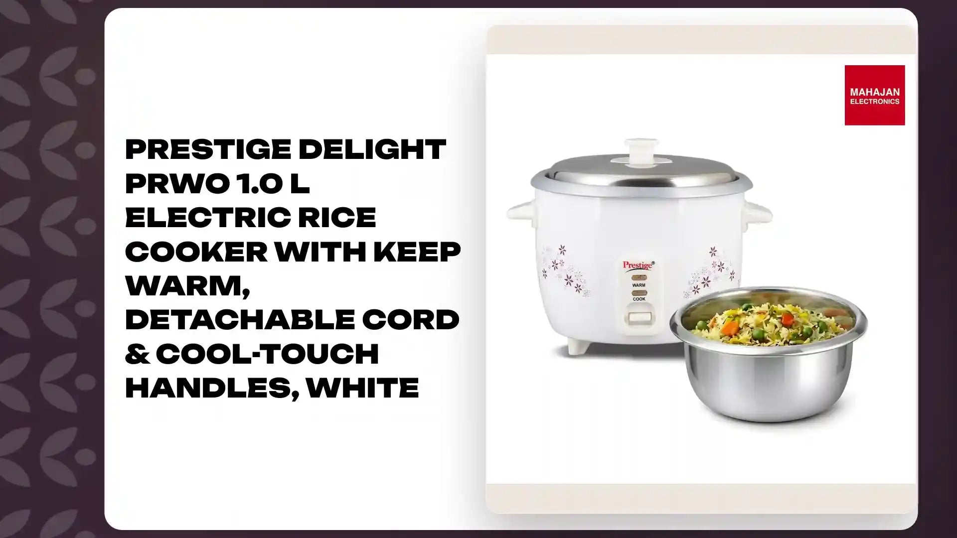 Prestige Delight PRWO 1.0 L Electric Rice Cooker with Keep Warm, Detachable Cord & Cool-Touch Handles, White by@Outfy