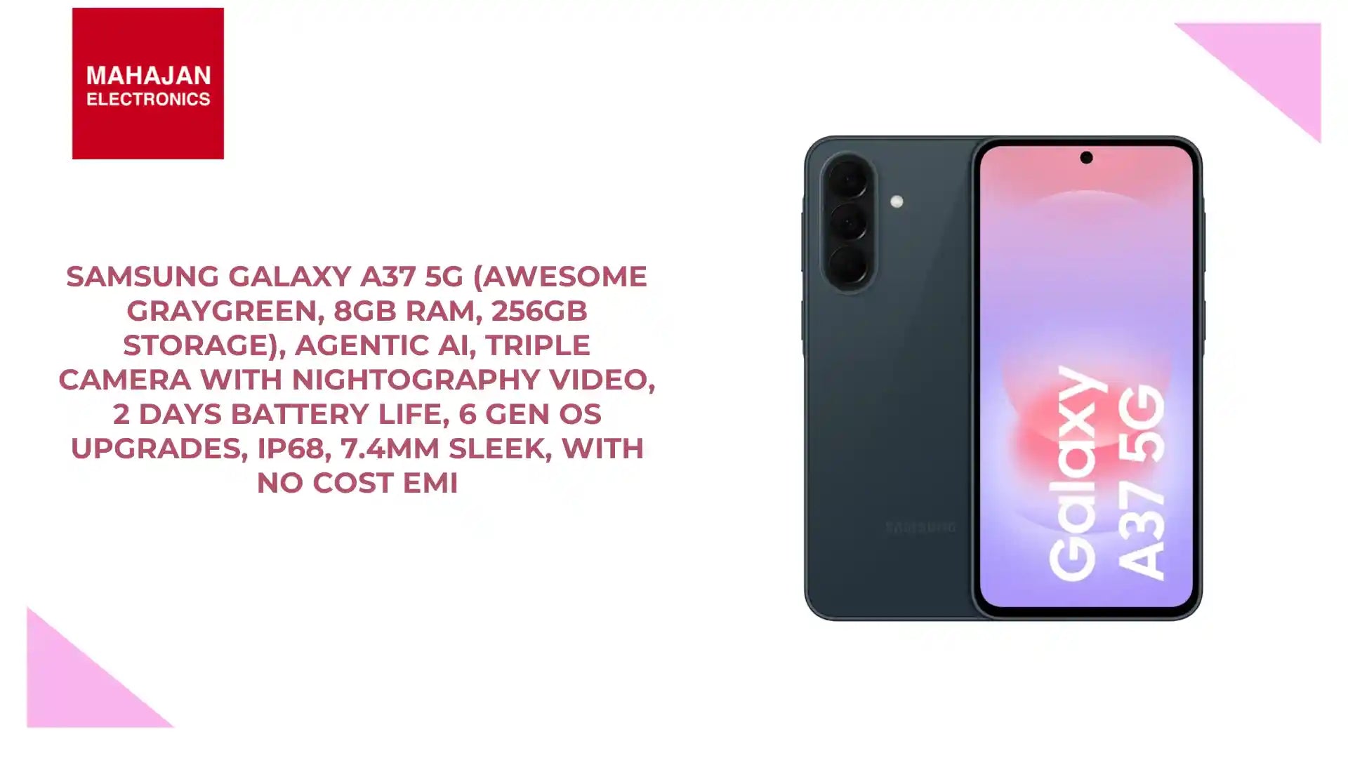 Samsung Galaxy A37 5G (Awesome Graygreen, 8GB RAM, 256GB Storage), Agentic AI, Triple Camera with Nightography Video, 2 Days Battery Life, 6 Gen OS Upgrades, IP68, 7.4mm Sleek, with No Cost EMI by@Outfy