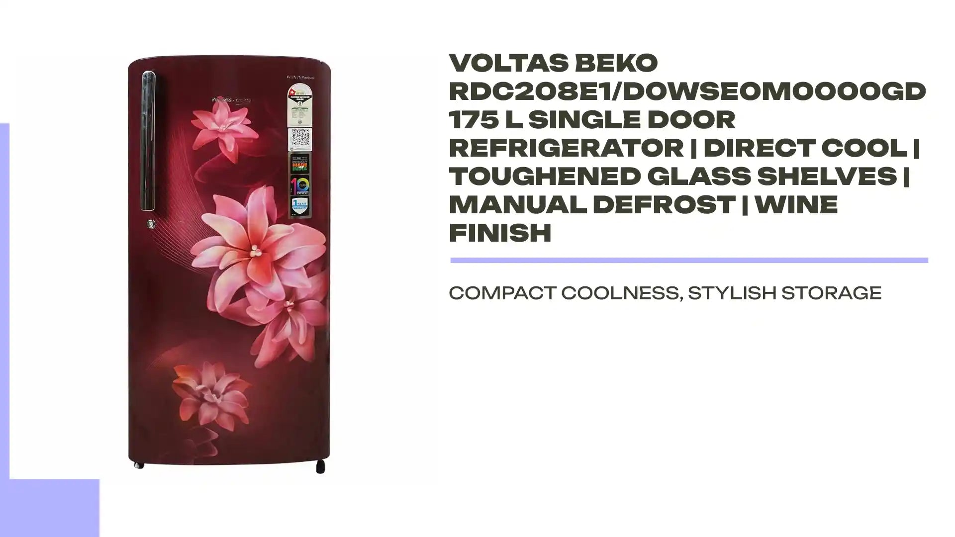 Voltas Beko RDC208E1/D0WSE0M0000GD 175 L Single Door Refrigerator | Direct Cool | Toughened Glass Shelves | Manual Defrost | Wine Finish by@Outfy