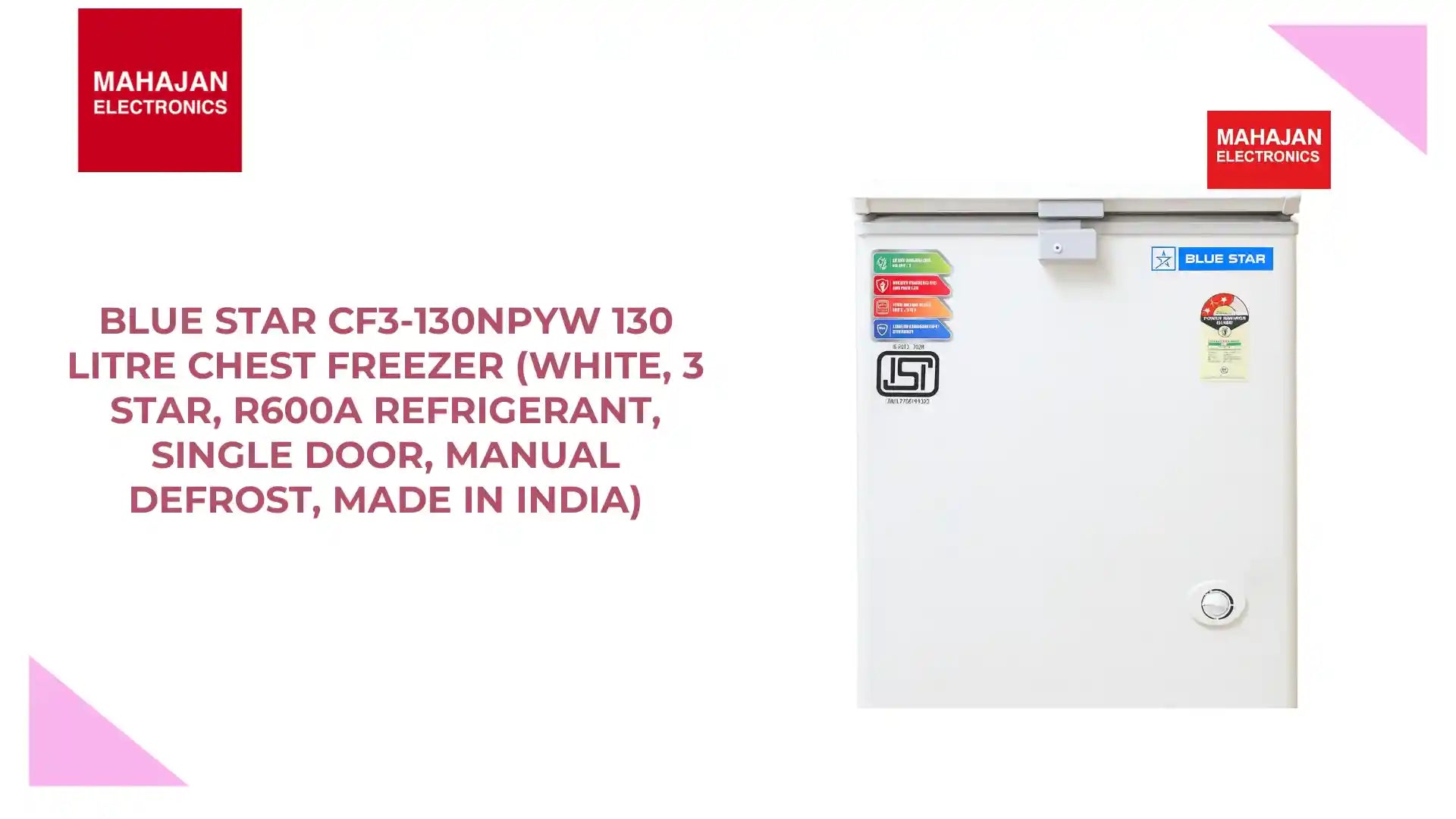 Blue Star CF3-130NPYW 130 Litre Chest Freezer (White, 3 Star, R600A Refrigerant, Single Door, Manual Defrost, Made in India) by@Outfy