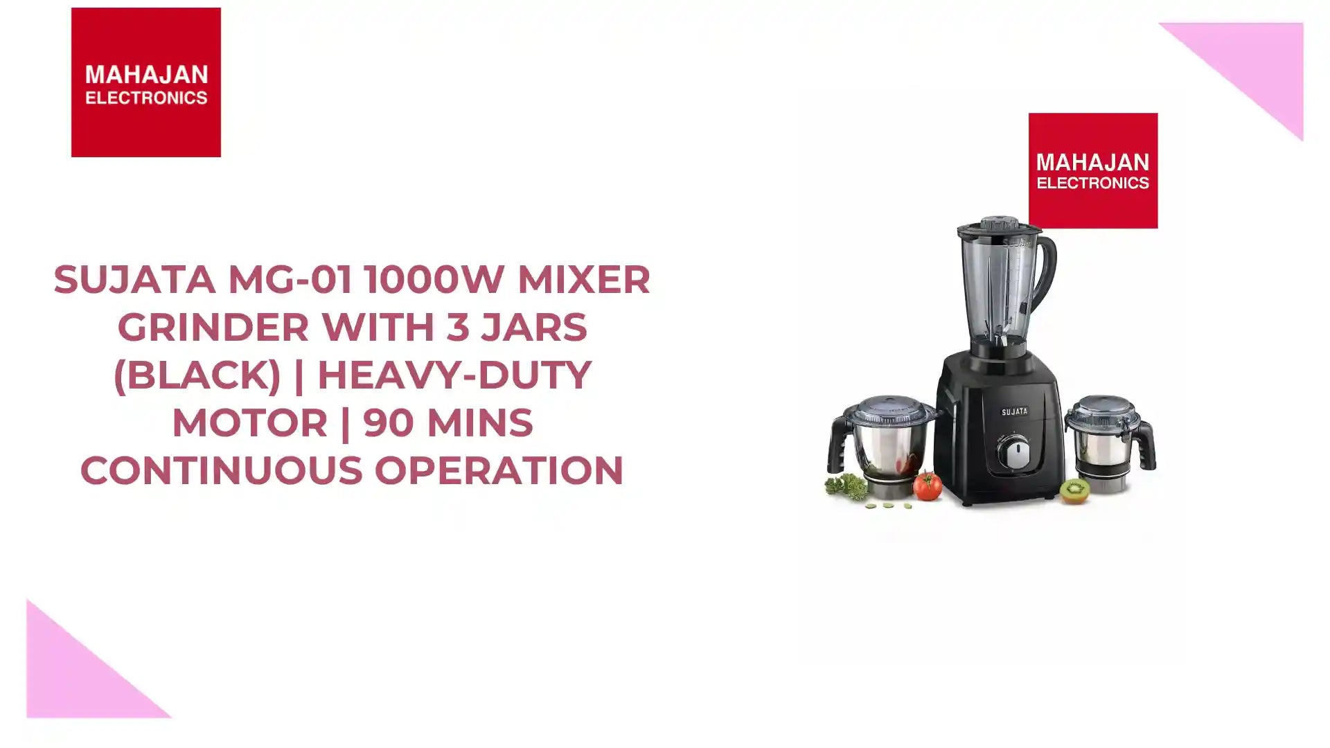 Sujata MG-01 1000W Mixer Grinder with 3 Jars (Black) | Heavy-Duty Motor | 90 Mins Continuous Operation by@Outfy