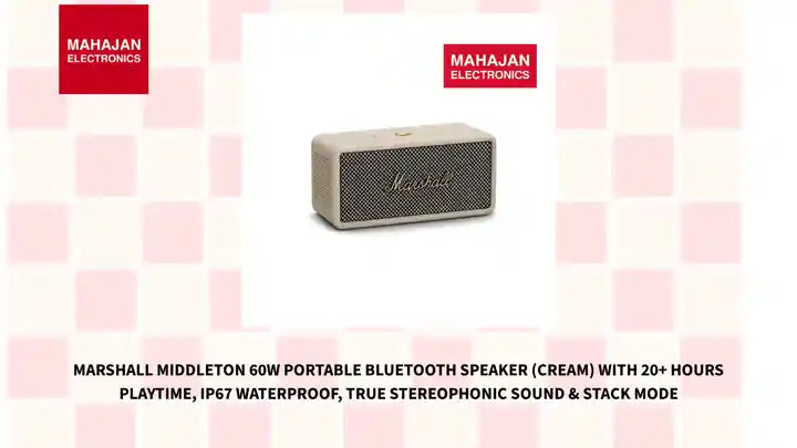 Marshall Middleton 60W Portable Bluetooth Speaker (Cream) with 20+ Hours Playtime, IP67 Waterproof, True Stereophonic Sound & Stack Mode by@Outfy