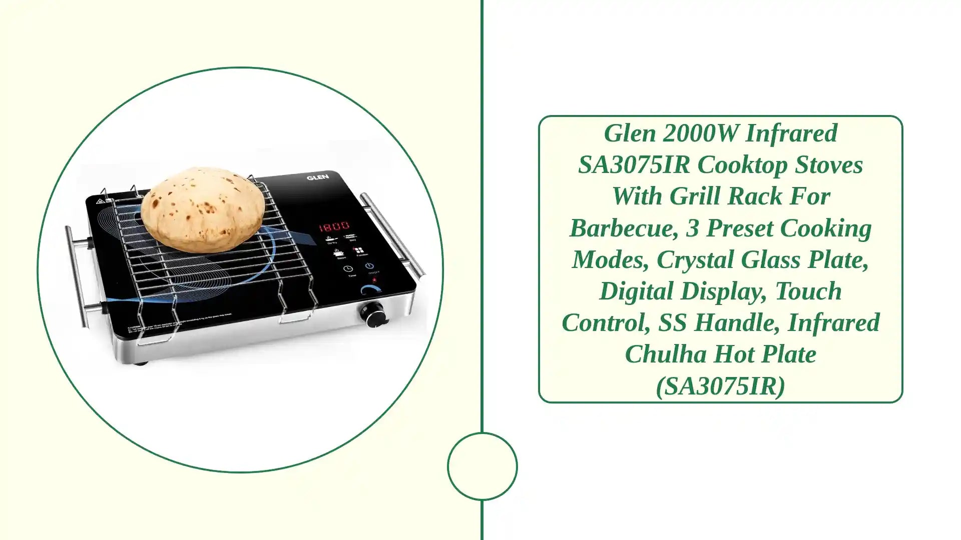 Glen 2000W Infrared SA3075IR Cooktop Stoves with Grill Rack for Barbecue, 3 Preset Cooking Modes, Crystal Glass Plate, Digital Display, Touch Control, SS Handle, Infrared Chulha Hot Plate (SA3075IR) by@Outfy