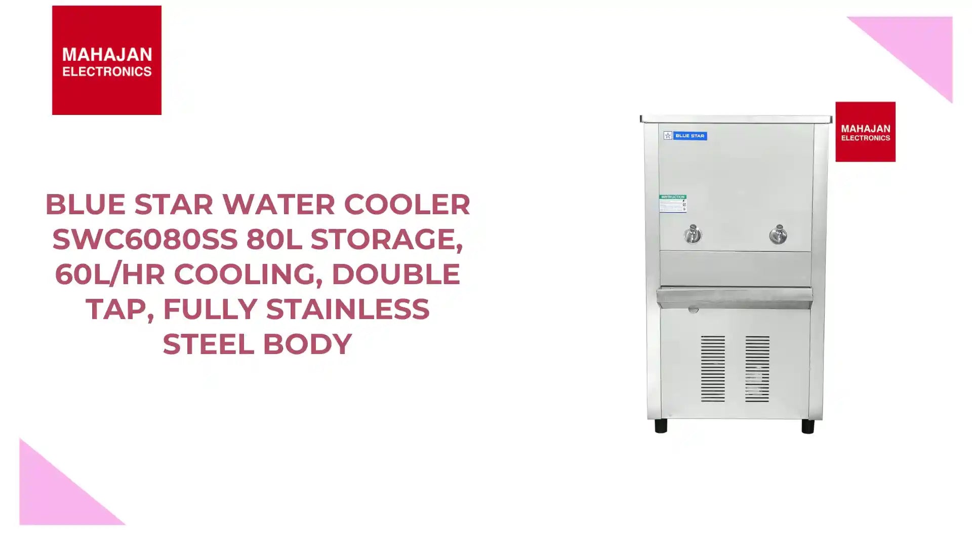 Blue Star Water Cooler SWC6080SS 80L Storage, 60L/hr Cooling, Double Tap, Fully Stainless Steel Body by@Outfy