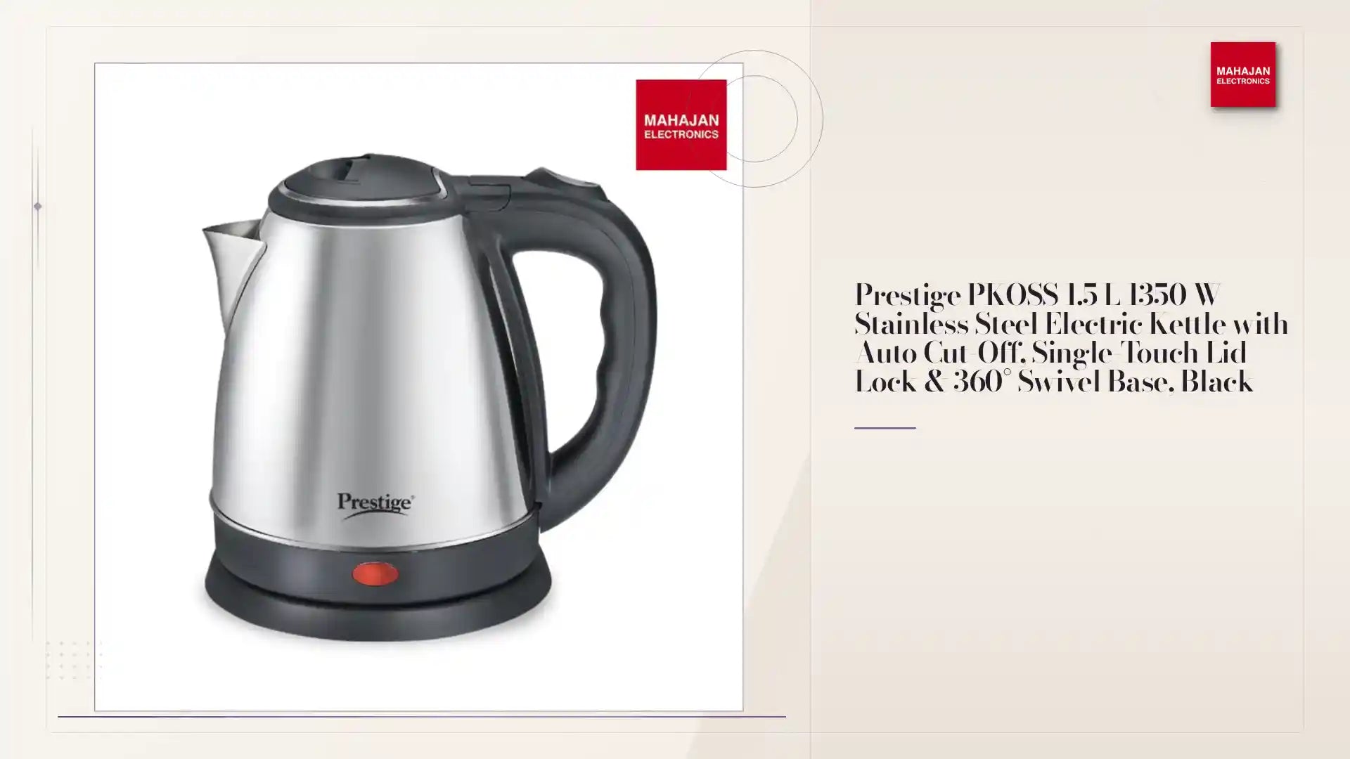 Prestige PKOSS 1.5 L 1350 W Stainless Steel Electric Kettle with Auto Cut-Off, Single-Touch Lid Lock & 360° Swivel Base, Black by@Outfy