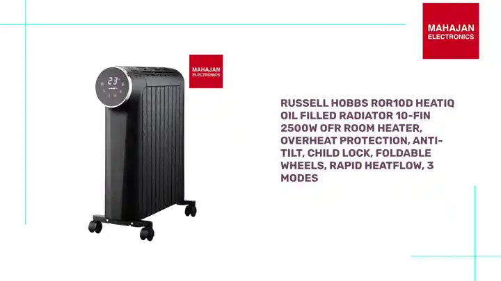 Russell Hobbs ROR10D HeatIQ Oil Filled Radiator 10-Fin 2500W OFR Room Heater, Overheat Protection, Anti-Tilt, Child Lock, Foldable Wheels, Rapid HeatFlow, 3 Modes by@Outfy