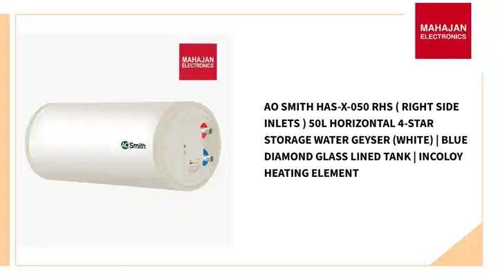 AO Smith HAS-X-050 RHS ( Right Side Inlets ) 50L Horizontal 4-Star Storage Water Geyser (White) | Blue Diamond Glass Lined Tank | Incoloy Heating Element by@Outfy