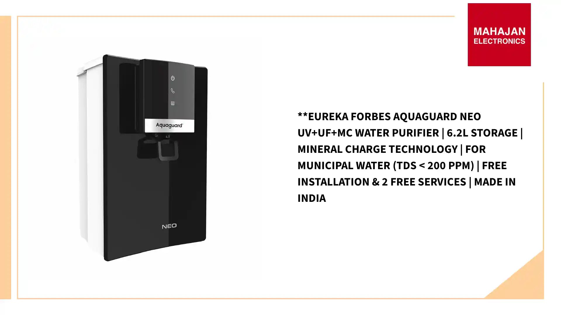 **Eureka Forbes Aquaguard Neo UV+UF+MC Water Purifier | 6.2L Storage | Mineral Charge Technology | For Municipal Water (TDS < 200 PPM) | Free Installation & 2 Free Services | Made in India by@Outfy