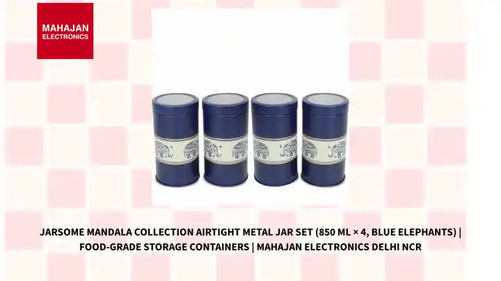 Jarsome Mandala Collection Airtight Metal Jar Set (850 ml × 4, Blue Elephants) | Food-Grade Storage Containers | Mahajan Electronics Delhi NCR by@Outfy