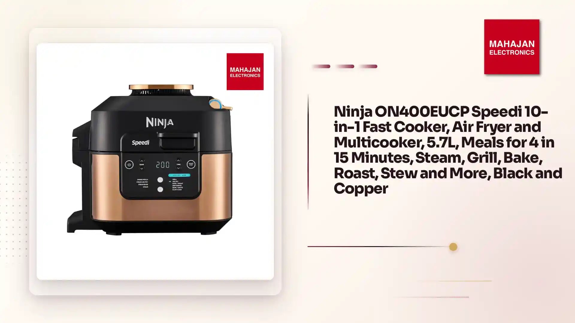 Ninja ON400EUCP Speedi 10-in-1 Fast Cooker, Air Fryer and Multicooker, 5.7L, Meals for 4 in 15 Minutes, Steam, Grill, Bake, Roast, Stew and More, Black and Copper by@Outfy
