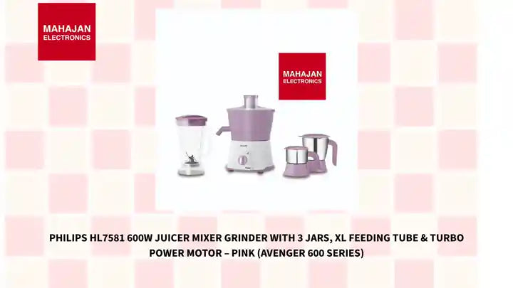 Philips HL7581 600W Juicer Mixer Grinder with 3 Jars, XL Feeding Tube & Turbo Power Motor – Pink (Avenger 600 Series) by@Outfy
