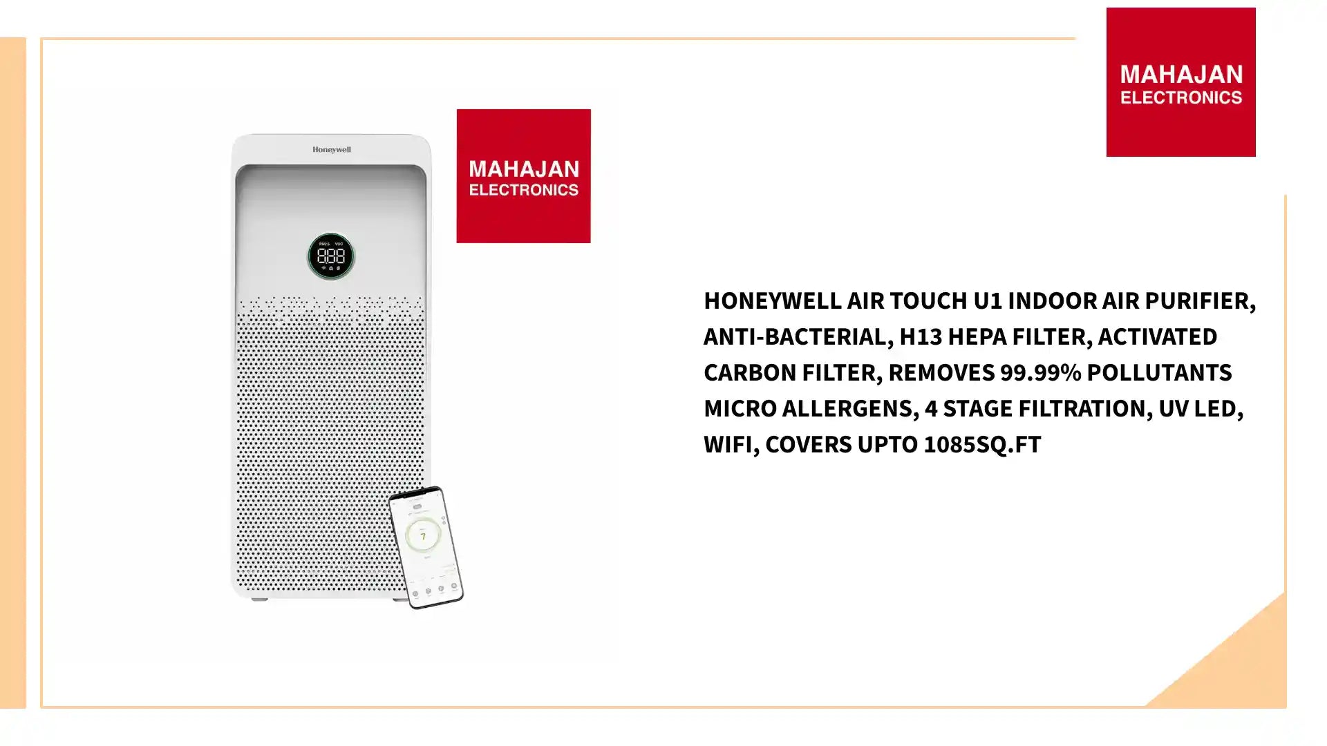 Honeywell Air touch U1 Indoor Air Purifier, Anti-Bacterial, H13 HEPA Filter, Activated Carbon Filter, removes 99.99% Pollutants Micro Allergens, 4 Stage Filtration, UV LED, WIFI, Covers Upto 1085sq.ft by@Outfy