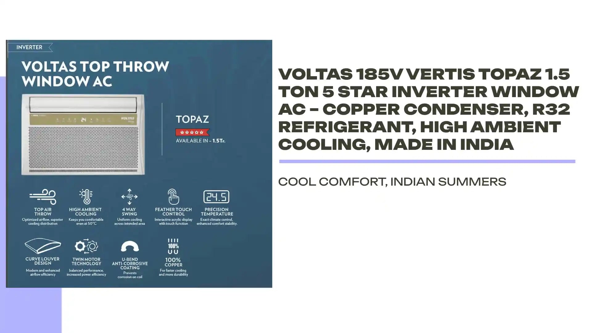 Voltas 185V Vertis Topaz 1.5 Ton 5 Star Inverter Window AC – Copper Condenser, R32 Refrigerant, High Ambient Cooling, Made in India by@Outfy