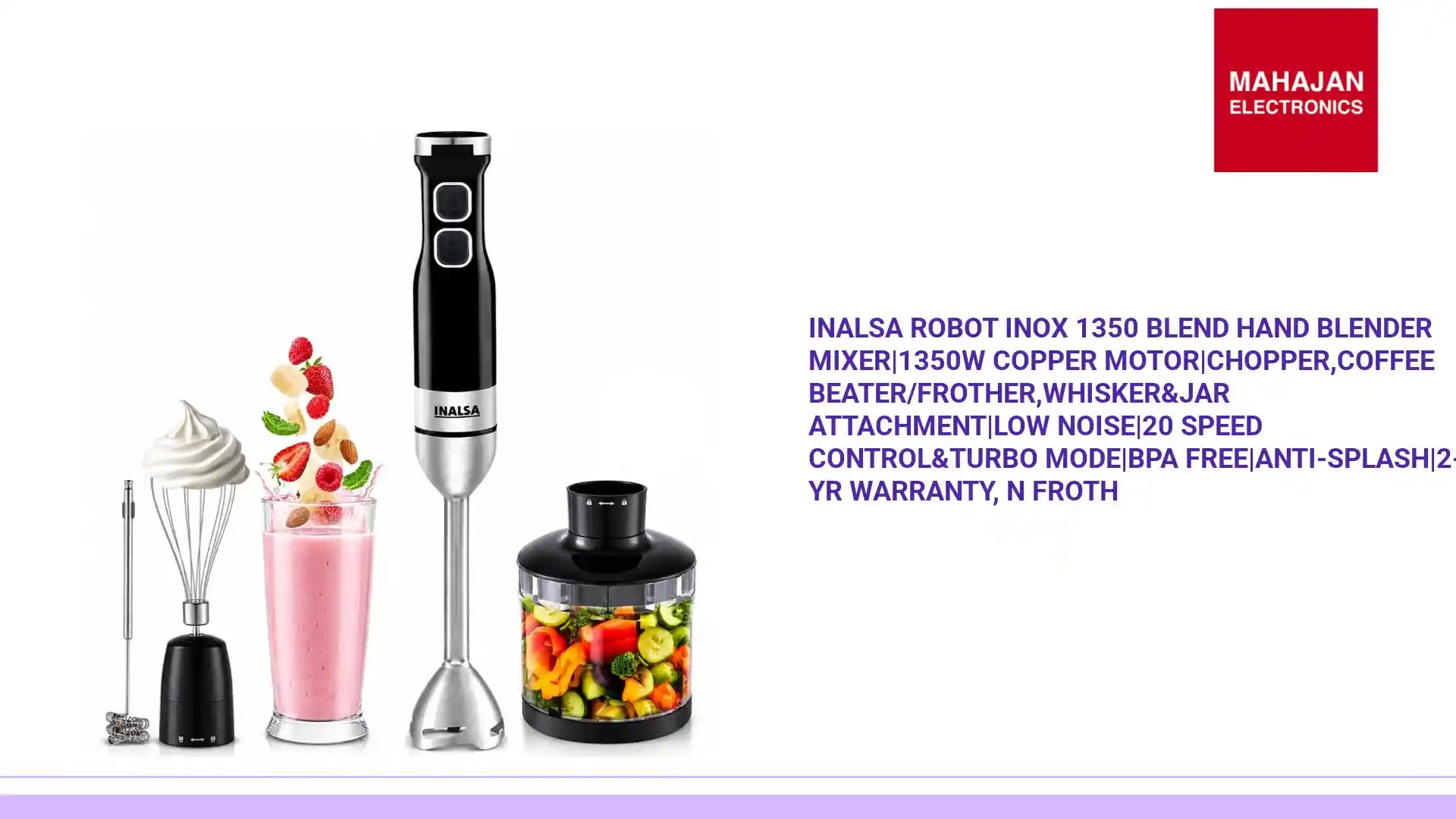 INALSA Robot INOX 1350 Blend Hand Blender Mixer|1350W Copper Motor|Chopper,Coffee Beater/Frother,Whisker&Jar Attachment|Low Noise|20 Speed Control&Turbo Mode|BPA Free|Anti-Splash|2-Yr Warranty, N Froth by@Outfy