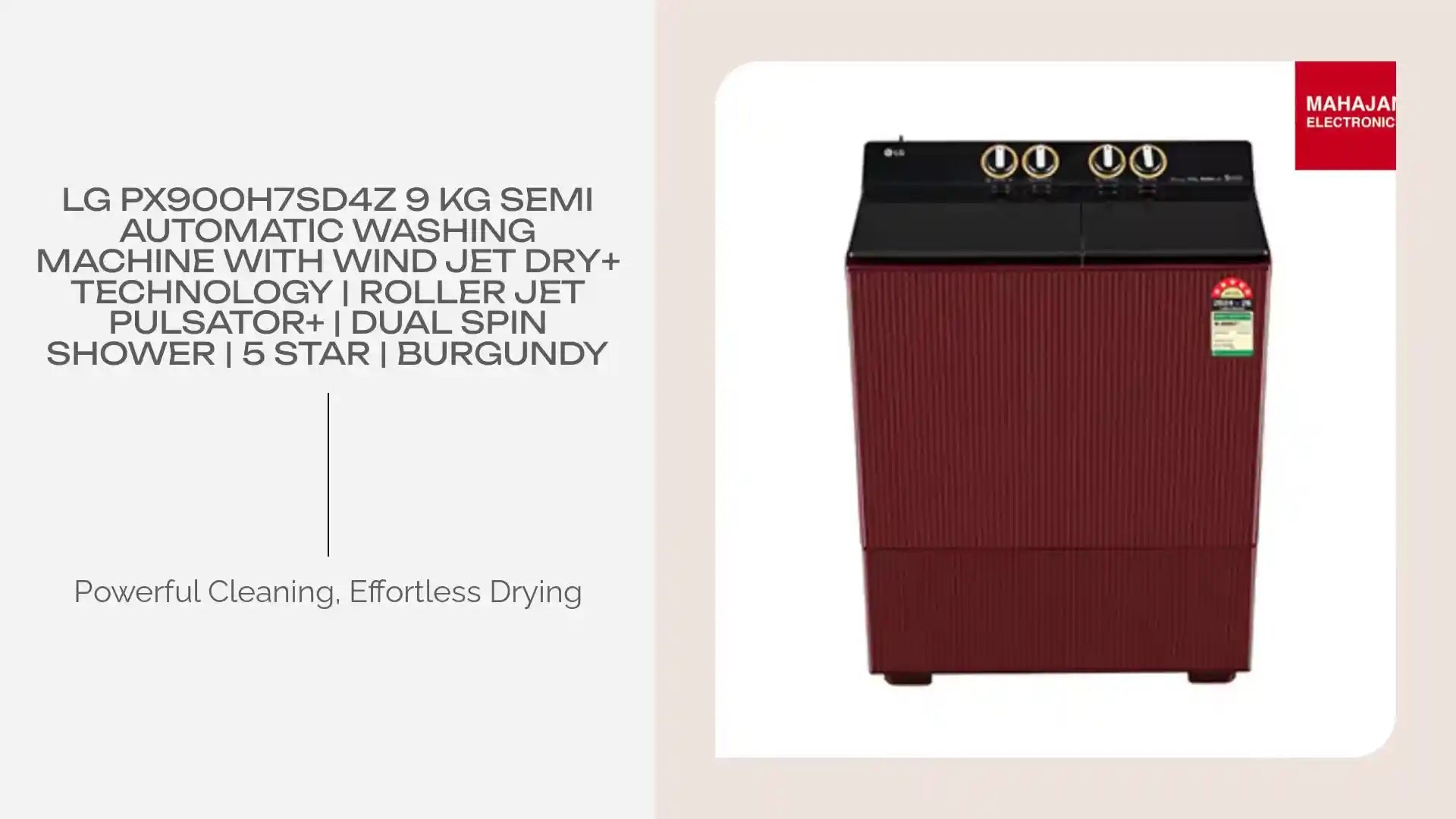 LG PX900H7SD4Z 9 Kg Semi Automatic Washing Machine with Wind Jet Dry+ Technology | Roller Jet Pulsator+ | Dual Spin Shower | 5 Star | Burgundy by@Outfy