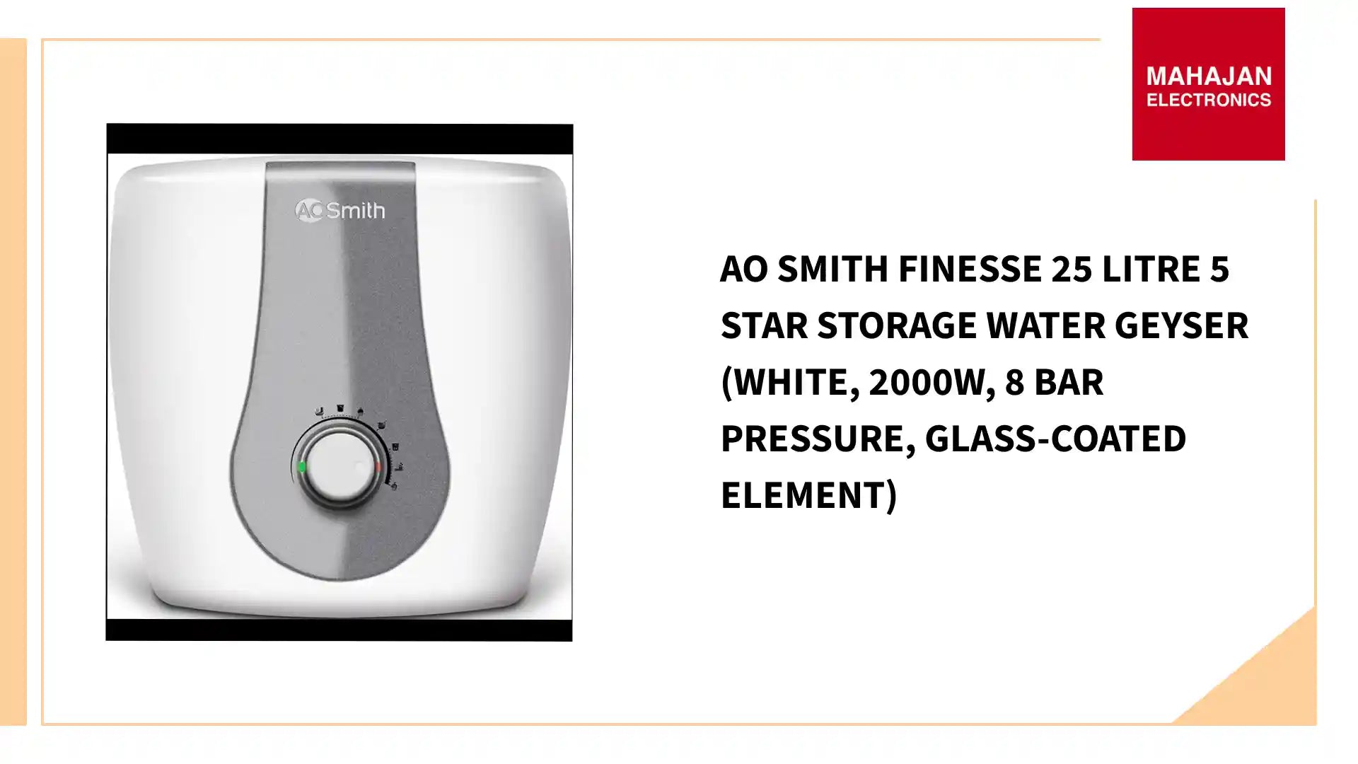 AO Smith Finesse 25 Litre 5 Star Storage Water Geyser (White, 2000W, 8 Bar Pressure, Glass-Coated Element) by@Outfy
