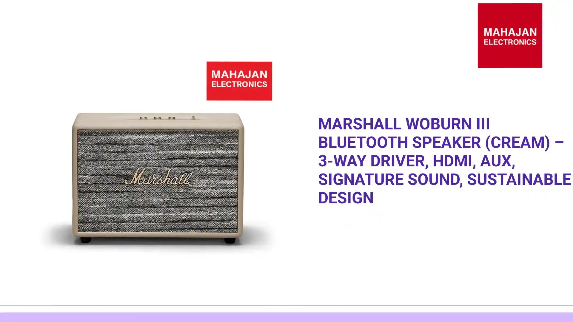 Marshall Woburn III Bluetooth Speaker (Cream) – 3-Way Driver, HDMI, AUX, Signature Sound, Sustainable Design by@Outfy
