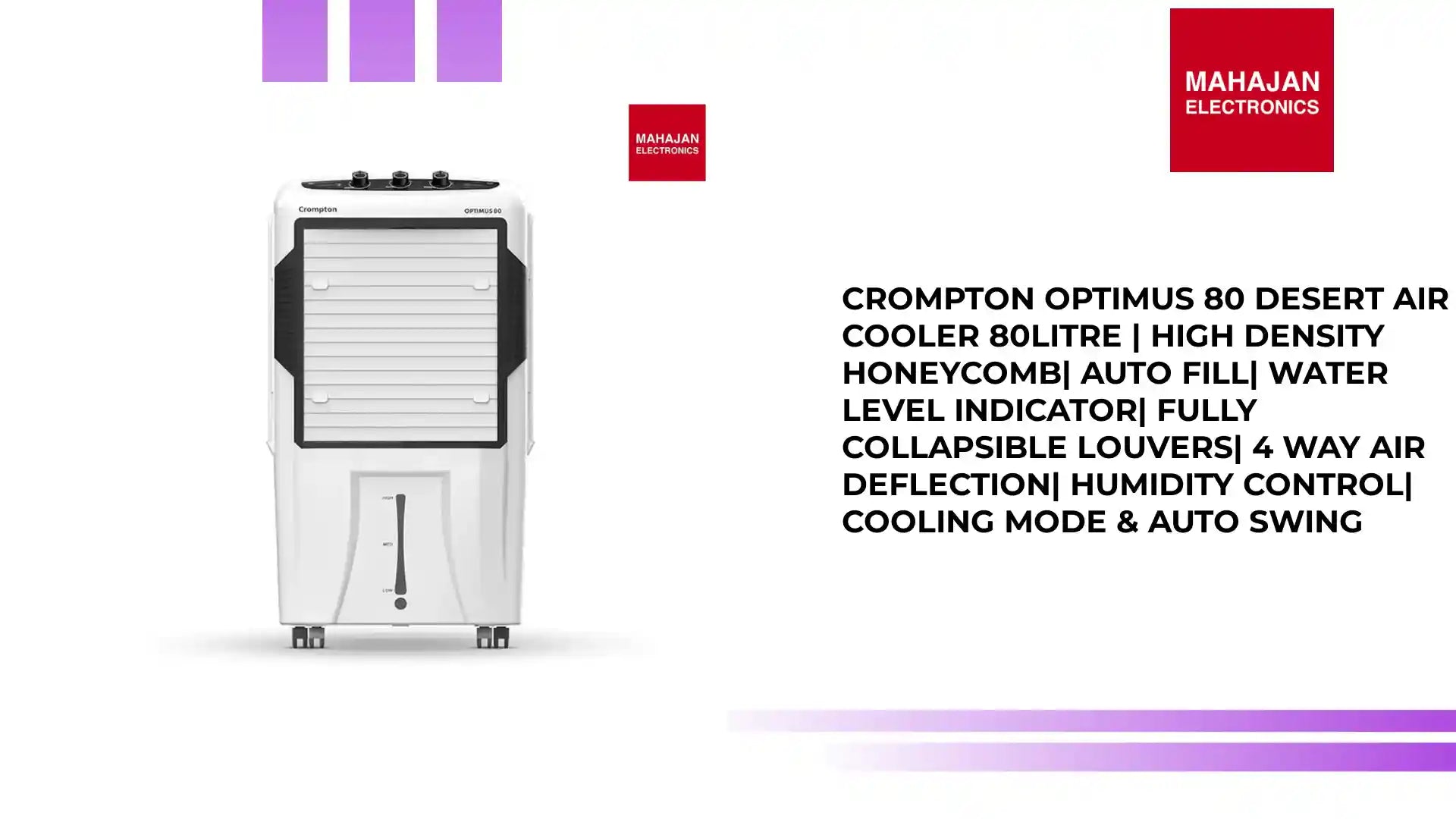 Crompton Optimus 80 Desert Air Cooler 80Litre | High density honeycomb| Auto fill| Water Level indicator| Fully collapsible Louvers| 4 way Air deflection| Humidity control| Cooling mode & Auto Swing by@Outfy