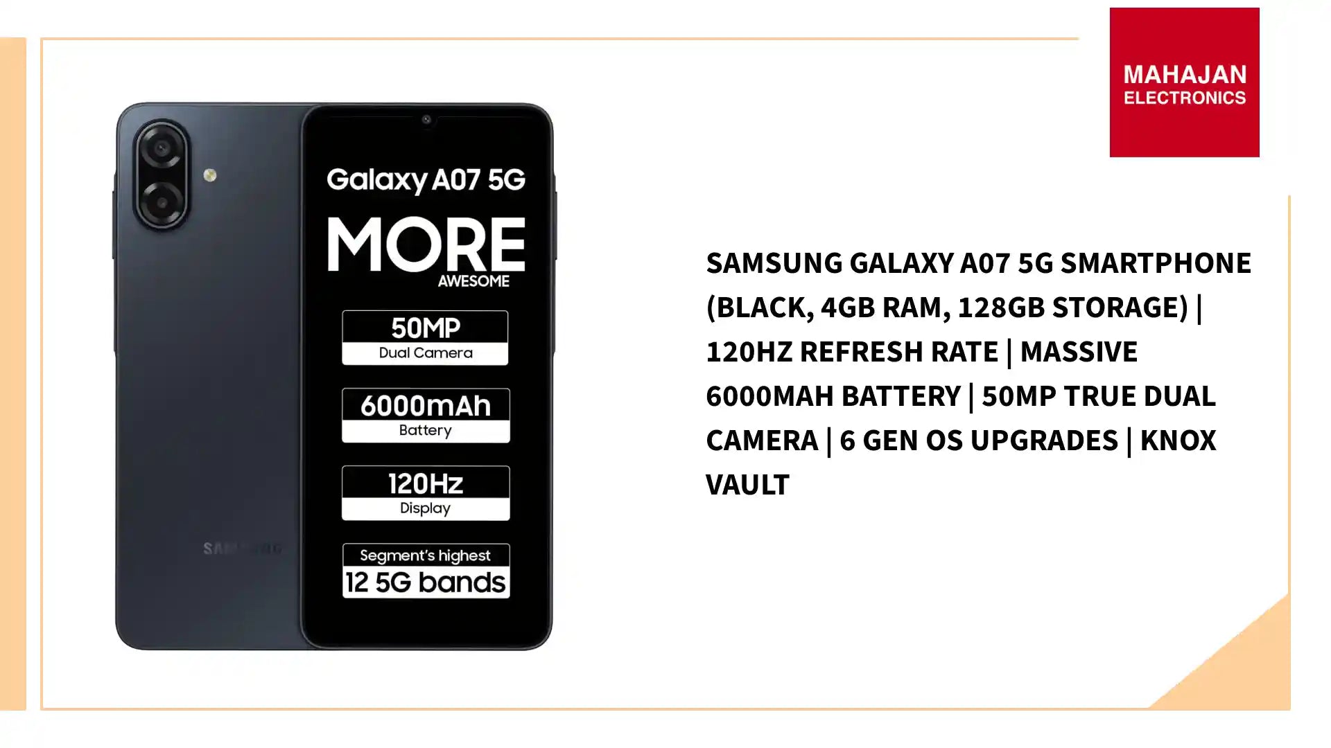Samsung Galaxy A07 5G Smartphone (Black, 4GB RAM, 128GB Storage) | 120Hz Refresh Rate | Massive 6000mAh Battery | 50MP True Dual Camera | 6 Gen OS Upgrades | Knox Vault by@Outfy