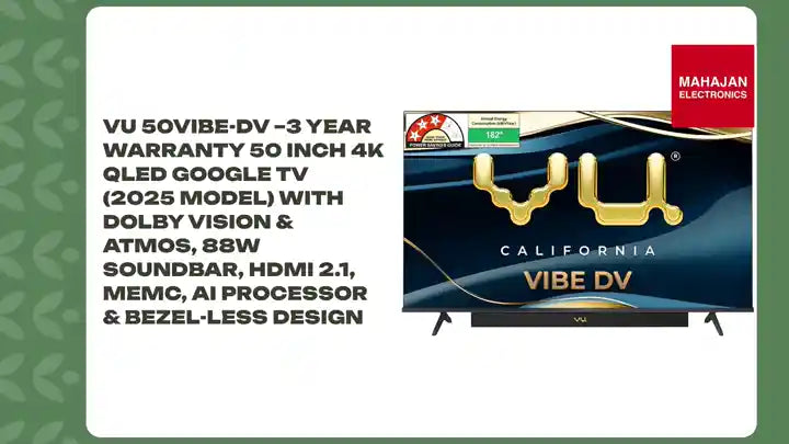 VU 50VIBE-DV –3 Year Warranty 50 Inch 4K QLED Google TV (2025 Model) with Dolby Vision & Atmos, 88W Soundbar, HDMI 2.1, MEMC, AI Processor & Bezel-Less Design by@Outfy