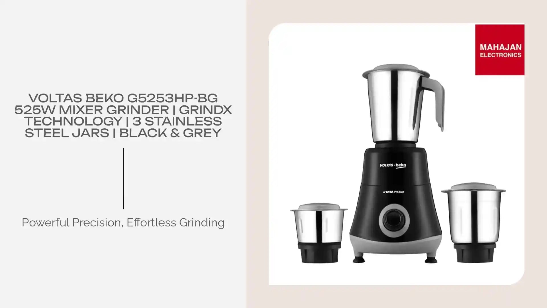 Voltas Beko G5253HP-BG 525W Mixer Grinder | GrindX Technology | 3 Stainless Steel Jars | Black & Grey by@Outfy