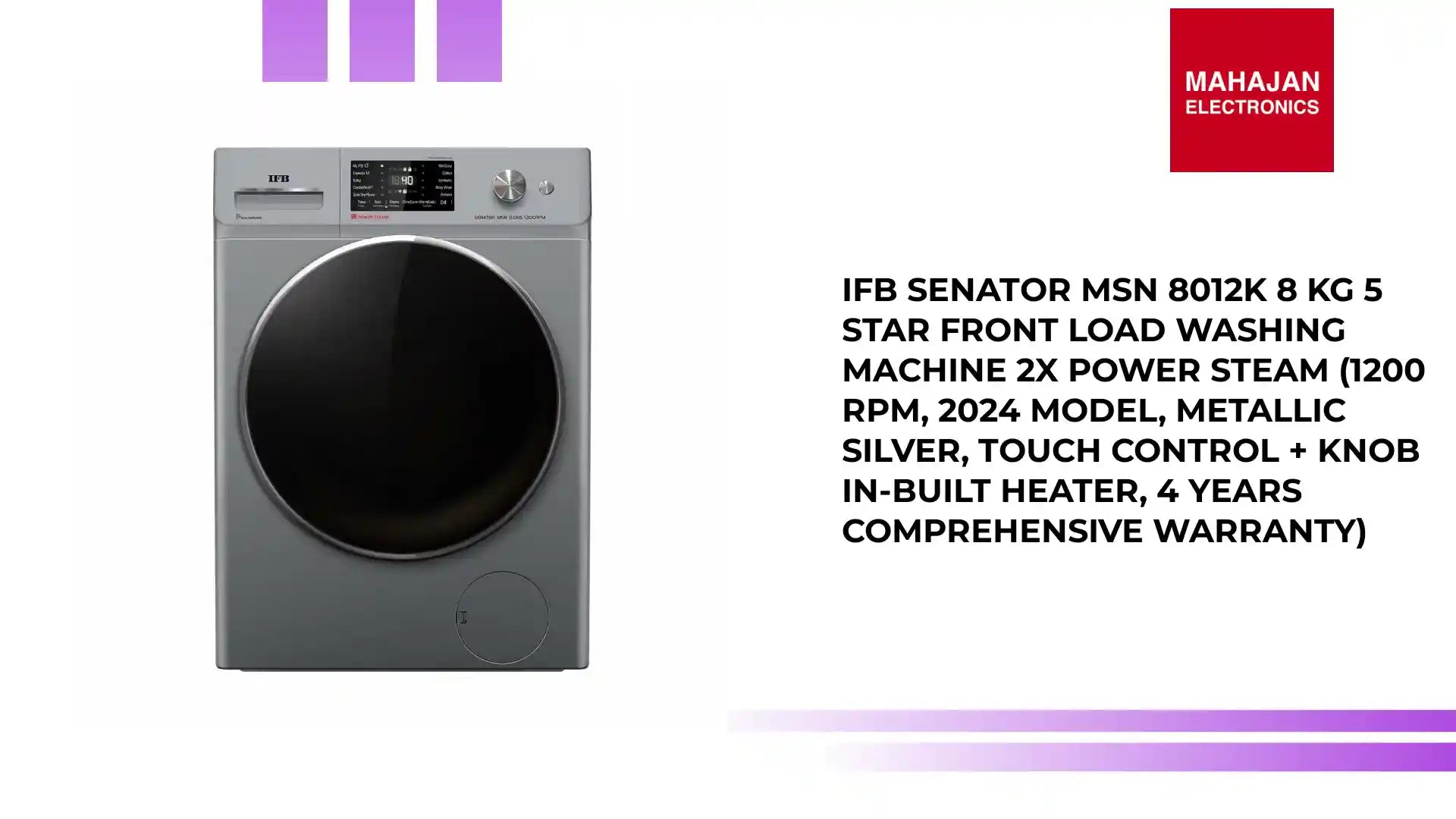 IFB SENATOR MSN 8012K 8 Kg 5 Star Front Load Washing Machine 2X Power Steam (1200 RPM, 2024 Model, Metallic Silver, Touch Control + Knob In-built Heater, 4 years Comprehensive Warranty) by@Outfy