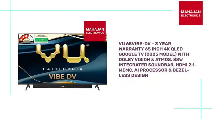 VU 65VIBE-DV – 3 Year Warranty 65 Inch 4K QLED Google TV (2025 Model) with Dolby Vision & Atmos, 88W Integrated Soundbar, HDMI 2.1, MEMC, AI Processor & Bezel-Less Design by@Outfy