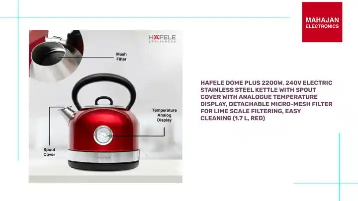 Hafele Dome Plus 2200W, 240V Electric Stainless Steel Kettle with Spout Cover with Analogue Temperature Display, Detachable Micro-Mesh Filter for Lime Scale Filtering, Easy Cleaning (1.7 L, Red) by@Outfy