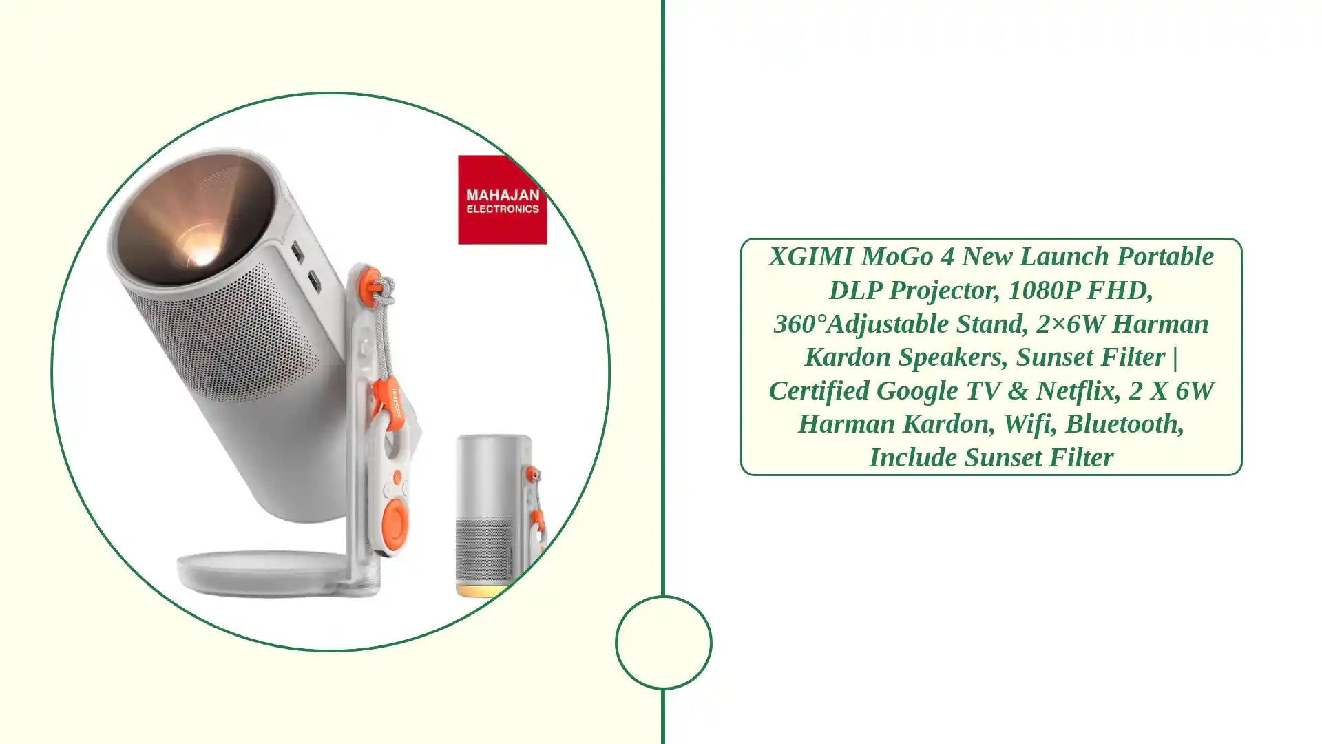 XGIMI MoGo 4 New Launch Portable DLP Projector, 1080P FHD, 360°Adjustable Stand, 2×6W Harman Kardon Speakers, Sunset Filter | Certified Google TV & Netflix, 2 x 6W Harman Kardon, Wifi, Bluetooth, Include Sunset Filter by@Outfy