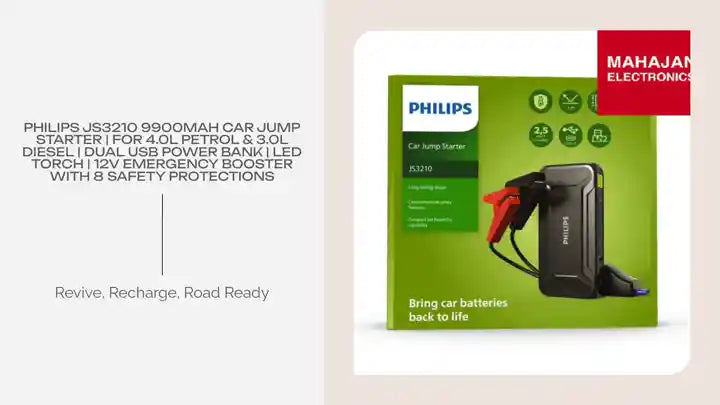 Philips JS3210 9900mAh Car Jump Starter | For 4.0L Petrol & 3.0L Diesel | Dual USB Power Bank | LED Torch | 12V Emergency Booster with 8 Safety Protections by@Outfy