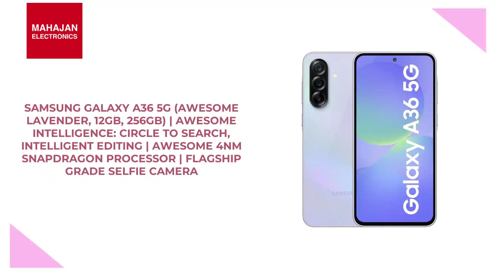 Samsung Galaxy A36 5G (Awesome Lavender, 12GB, 256GB) | Awesome Intelligence: Circle to Search, Intelligent Editing | Awesome 4nm Snapdragon Processor | Flagship Grade Selfie Camera by@Outfy