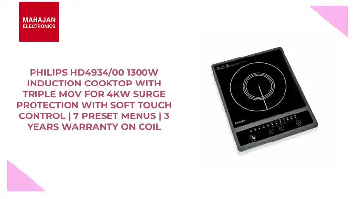 Philips HD4934/00 1300W Induction Cooktop with Triple MOV for 4kW surge protection with soft touch control | 7 Preset Menus | 3 Years warranty on Coil by@Outfy
