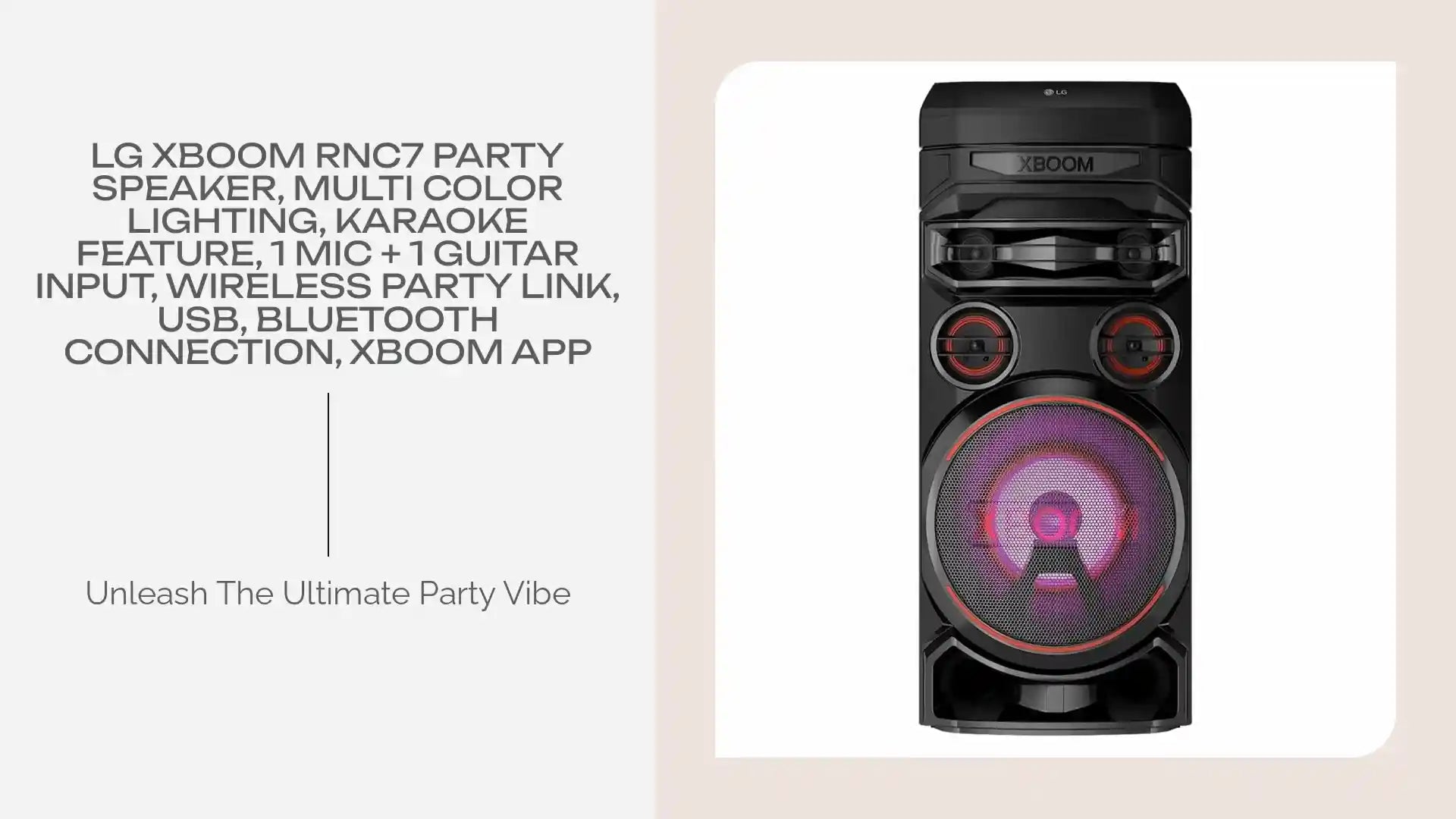 LG XBOOM RNC7 Party Speaker, Multi Color Lighting, Karaoke Feature, 1 Mic + 1 Guitar Input, Wireless Party Link, USB, Bluetooth Connection, XBOOM App by@Outfy