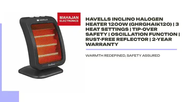Havells Inclino Halogen Heater 1200W (GHRGHAIK120) | 3 Heat Settings | Tip-Over Safety | Oscillation Function | Rust-Free Reflector | 2-Year Warranty by@Outfy